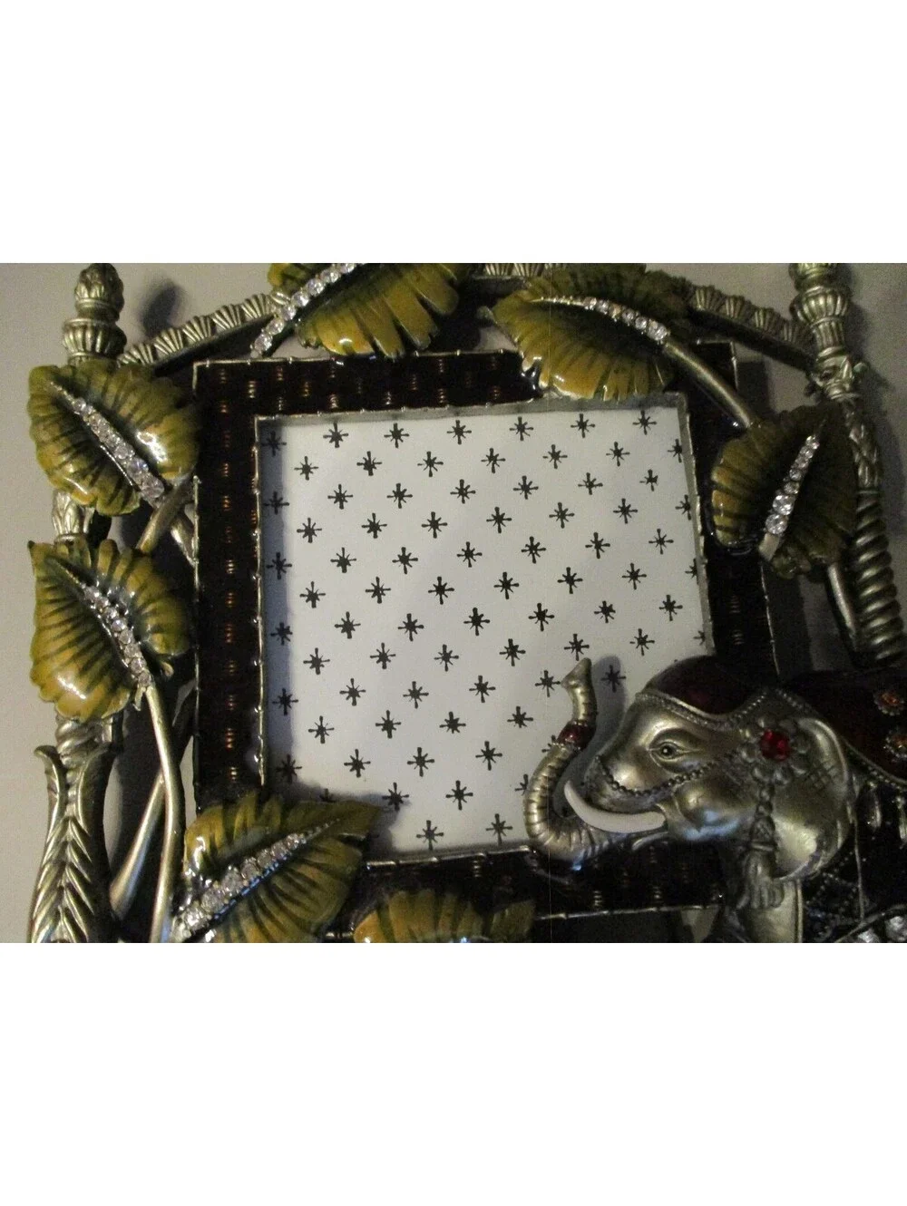 Ornate Jeweled Elephant Enamel Picture Frame - Vintage Style Boho Pewter As Is